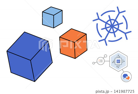 Geometric cubes and digital network nodes vector illustration. Data science, machine learning, system architecture, connectivity, artificial intelligence, technical infrastructure. 3D blocks and tech 141987725