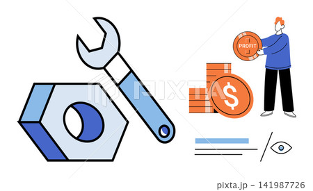 Wrench, nut, and businessman holding profit coin vector illustration. Financial growth, business optimization, investment strategy, corporate maintenance, wealth management, economic success. Repair 141987726