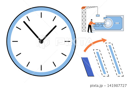 Clock with construction worker and domino effect vector illustration. Efficiency, project management, business strategy, workflow optimization, deadline planning, task organization. Chronometer 141987727