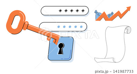 Digital security and financial growth vector illustration. Data protection, online privacy, investment strategy, business success, account access, wealth management. Cyber safety and money gain Digital security and financial growth vector illustration. Data protection, online privacy, investment strategy, business success, account access, wealth management. Cyber safety and money gain 141987733