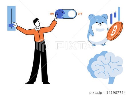 Man adjusting settings with a bitcoin hamster and brain vector illustration. Cryptocurrency, financial growth, mental focus, digital investment, cognitive performance, market control. Person managing 141987734