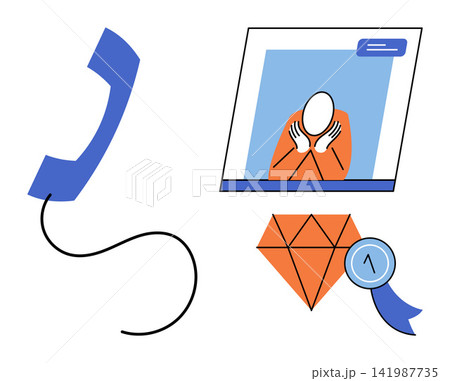 Telephone handset and person on screen with diamond icon vector illustration. Customer service, remote support, premium quality, digital communication, business help, expert advice. Phone receiver Telephone handset and person on screen with diamond icon vector illustration. Customer service, remote support, premium quality, digital communication, business help, expert advice. Phone receiver 141987735