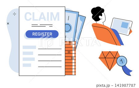Insurance claim form with money and a person using a tablet vector illustration. Finance, banking, investment, reward, digital service, online registration. Document for payment request 141987787