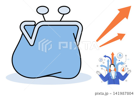 Purse with rising arrows and businessman vector illustration. Wealth management, financial growth, investment strategy, economic success, budget planning, market profit. Money bag with increasing 141987804