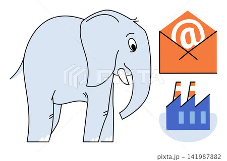 Elephant standing next to an email envelope and factory icons vector illustration. Digital marketing, corporate communication, industrial messaging, business strategy, logistics, global trade. Large 141987882