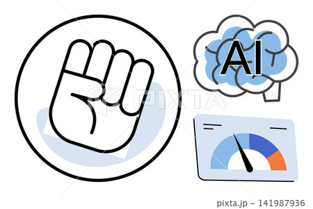 Fist symbol with brain and performance gauge vector illustration. Technology, machine learning, digital power, data analysis, system optimization, innovation. Hand gesture with artificial Fist symbol with brain and performance gauge vector illustration. Technology, machine learning, digital power, data analysis, system optimization, innovation. Hand gesture with artificial 141987936