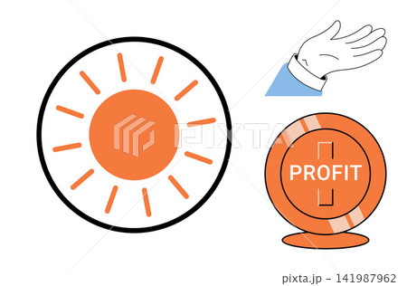 Sun icon, hand gesture, and profit button vector illustration. Financial growth, investment strategy, business success, marketing goals, corporate earnings, wealth management. Solar symbol, palm Sun icon, hand gesture, and profit button vector illustration. Financial growth, investment strategy, business success, marketing goals, corporate earnings, wealth management. Solar symbol, palm 141987962