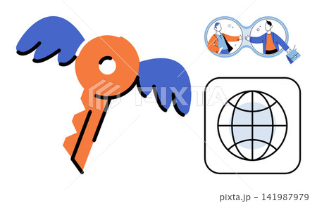 Flying key with wings, globe icon, and business partners vector illustration. Success, global access, partnership, digital security, networking, opportunity. Winged unlock tool, world sphere Flying key with wings, globe icon, and business partners vector illustration. Success, global access, partnership, digital security, networking, opportunity. Winged unlock tool, world sphere 141987979