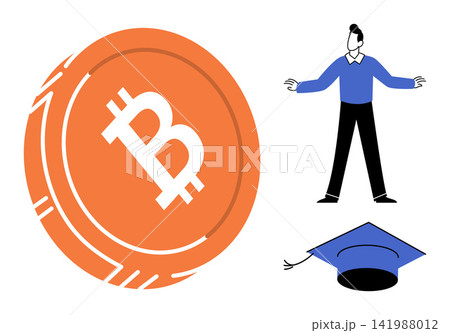 Bitcoin coin with a man and graduation cap vector illustration. Financial literacy, crypto investment, digital currency, online education, wealth management, blockchain technology. Virtual money 141988012