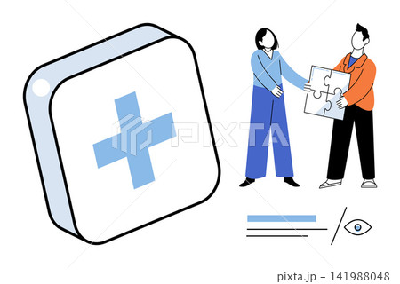 People connecting puzzle pieces next to a medical cross icon vector illustration. Healthcare, teamwork, problem solving, medical solutions, partnership, clinical support. Staff assembling jigsaw People connecting puzzle pieces next to a medical cross icon vector illustration. Healthcare, teamwork, problem solving, medical solutions, partnership, clinical support. Staff assembling jigsaw 141988048