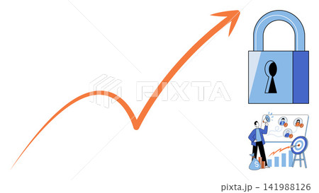 Rising arrow graph with a padlock and team management vector illustration. Financial security, corporate growth, data protection, team leadership, strategic planning, business success. Increasing 141988126