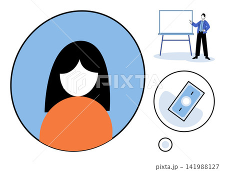 Businesswoman thinking about money and presentation vector illustration. Financial planning, corporate strategy, career growth, investment, professional development, business goals. Female Businesswoman thinking about money and presentation vector illustration. Financial planning, corporate strategy, career growth, investment, professional development, business goals. Female 141988127