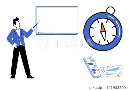 Man pointing at a whiteboard with a compass and smartphone vector illustration. Education, business strategy, navigation, communication, planning, digital marketing. Teacher gesturing to board 141988200
