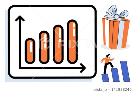 Bar chart with rising columns and gift box vector illustration. Financial progress, career advancement, marketing strategy, reward system, corporate success, economic development. Growing graph Bar chart with rising columns and gift box vector illustration. Financial progress, career advancement, marketing strategy, reward system, corporate success, economic development. Growing graph 141988240