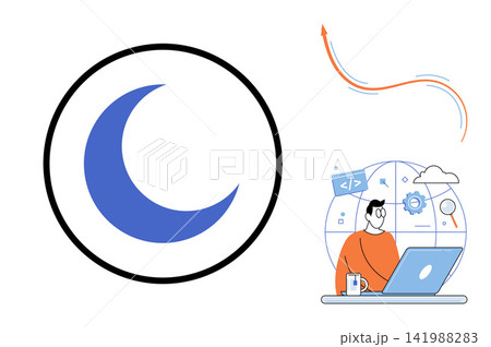 Night mode crescent moon icon and a programmer working on a laptop vector illustration. Software development, user interface, dark theme, coding, web design, night shift. UI design element and coder Night mode crescent moon icon and a programmer working on a laptop vector illustration. Software development, user interface, dark theme, coding, web design, night shift. UI design element and coder 141988283