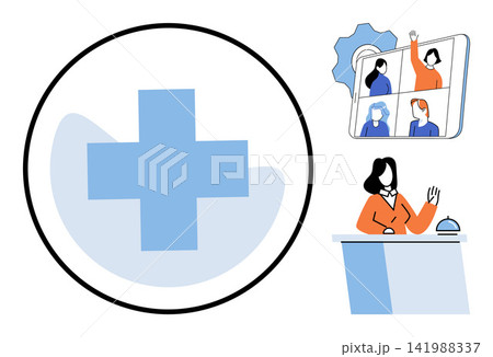 Medical cross icon with online meeting and receptionist vector illustration. Healthcare, telemedicine, customer service, digital communication, professional support, virtual consultation. Hospital 141988337