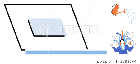 Laptop with a watering can and a person making decisions is a vector illustration. Growth, strategy, business development, digital marketing, career planning, professional success. Notebook Laptop with a watering can and a person making decisions is a vector illustration. Growth, strategy, business development, digital marketing, career planning, professional success. Notebook 141988344