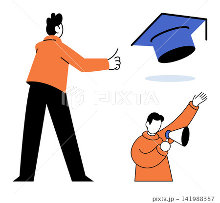Students celebrating graduation with an academic cap and megaphone vector illustration. Education, achievement, success, university, announcement, celebration. Academic scholars marking academic 141988387