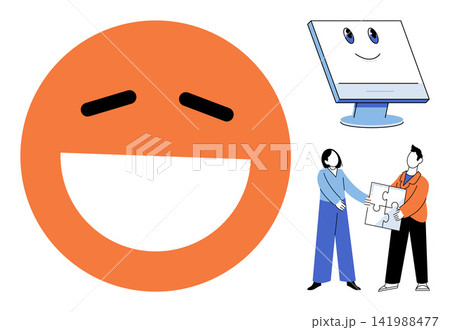 Happy emotion icon computer monitor and people connecting puzzle pieces vector illustration. Teamwork, digital communication, problem solving, social interaction, technology, unity. Smiling face 141988477