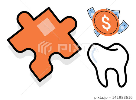 Puzzle piece, coin, and tooth vector illustration. Dental insurance, healthcare costs, financial planning, medical expenses, oral health, budget management. Jigsaw segment, currency molar 141988616