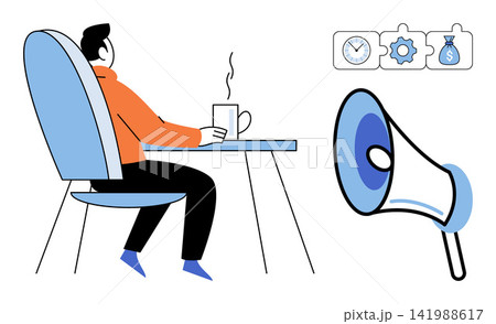 Man sitting at a table with coffee and a megaphone vector illustration. Productivity, time management, financial growth, marketing strategy, business planning, corporate communication. Person Man sitting at a table with coffee and a megaphone vector illustration. Productivity, time management, financial growth, marketing strategy, business planning, corporate communication. Person 141988617
