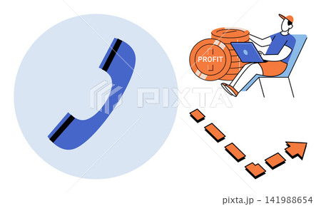 Telephone icon with a person working on a laptop near profit coins vector illustration. Customer support, financial success, remote work, business growth, digital communication, investment. Phone Telephone icon with a person working on a laptop near profit coins vector illustration. Customer support, financial success, remote work, business growth, digital communication, investment. Phone 141988654