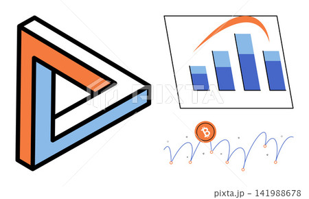 Impossible triangle shape with financial bar chart and bitcoin price line vector illustration. Business growth, investment strategy, market analysis, digital currency, economic trend, finance Impossible triangle shape with financial bar chart and bitcoin price line vector illustration. Business growth, investment strategy, market analysis, digital currency, economic trend, finance 141988678