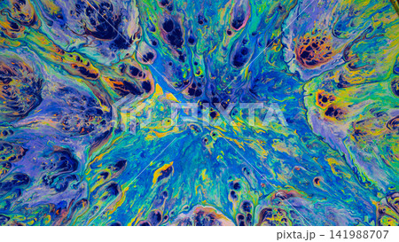 Abstract fluid paint pour with vibrant blue green yellow marbled swirls and organic cell patterns Abstract fluid paint pour with vibrant blue green yellow marbled swirls and organic cell patterns 141988707