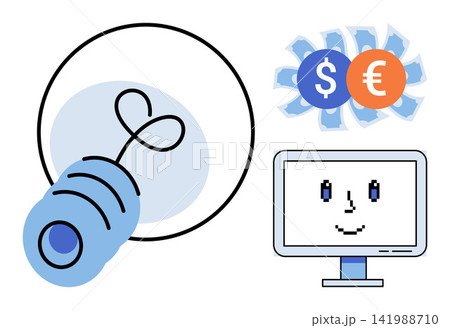 Light bulb and computer screen with money symbols vector illustration. Innovation, digital finance, online business, creative investment, startup growth, technology profit. Idea lamp and monitor Light bulb and computer screen with money symbols vector illustration. Innovation, digital finance, online business, creative investment, startup growth, technology profit. Idea lamp and monitor 141988710
