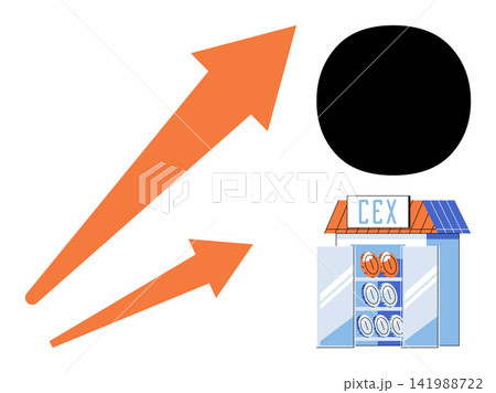 Rising arrows pointing towards a black circle and a CEX crypto exchange storefront vector illustration. Cryptocurrency, trading, finance, investment, market growth, digital assets. Increasing charts 141988722
