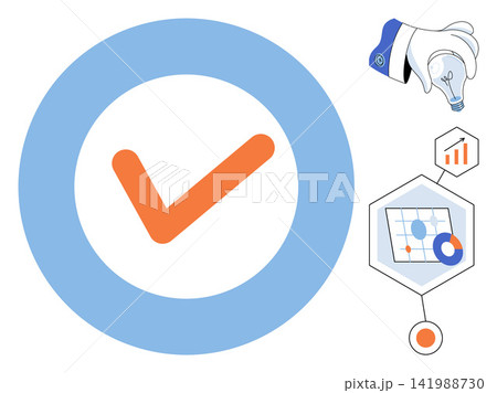 Checkmark inside a circle with lightbulb and business charts vector illustration. Success, productivity, planning, strategy, innovation, development. Approved sign with growth graphics 141988730
