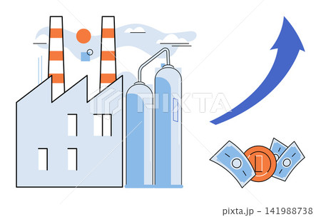 Factory building with smokestacks and rising arrow with money vector illustration. Economic growth, industrial production, business profit, financial success, manufacturing, market expansion. Plant 141988738