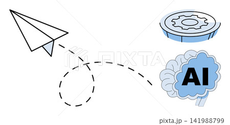 Paper plane flying towards a brain and gear icon vector illustration. Innovation, machine learning, digital transformation, creative thinking, automation, future technology. Origami aircraft moving Paper plane flying towards a brain and gear icon vector illustration. Innovation, machine learning, digital transformation, creative thinking, automation, future technology. Origami aircraft moving 141988799