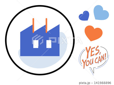 Blue factory building icon with hearts and motivational text vector illustration. Sustainability, corporate social responsibility, eco friendly production, positive workplace, business growth 141988896