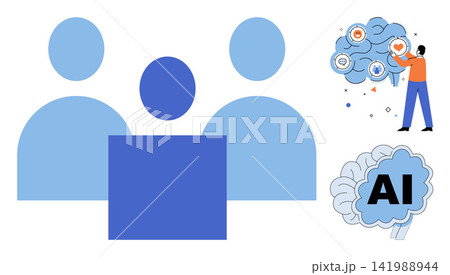 People icons and brain icons with artificial intelligence symbols vector illustration. Technology, innovation, machine learning, digital transformation, data analysis, smart computing. Human group 141988944