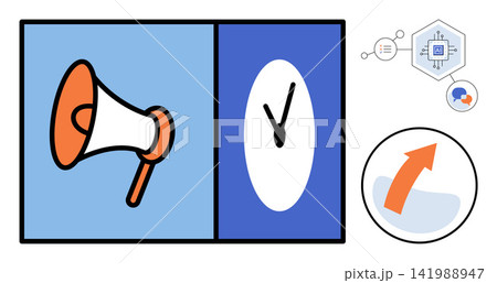 Megaphone and clock icons with digital network symbols vector illustration. Advertising, productivity, business strategy, communication, time management, marketing. Loudspeaker and watch graphics Megaphone and clock icons with digital network symbols vector illustration. Advertising, productivity, business strategy, communication, time management, marketing. Loudspeaker and watch graphics 141988947