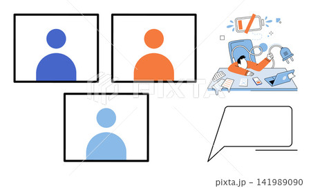 Exhausted employee at desk and video call avatars vector illustration. Professional fatigue, digital communication, remote work, mental health, corporate stress, online meeting. Tired worker plugged 141989090