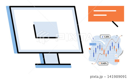 Computer monitor showing financial stock market data and a message bubble vector illustration. Trading, investment, business, finance, analytics, digital economy. Desktop screen with charts 141989091