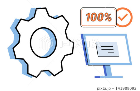 Gear icon with computer monitor and success checkmark vector illustration. Efficiency, productivity, optimization, performance, technology, business. Mechanical cogwheel and digital screen 141989092
