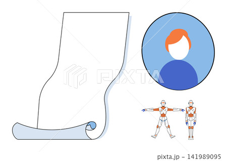 Blank paper scroll with a user profile icon and a robot character vector illustration. Documentation, artificial intelligence, automation, user interface, technical support, digital workflow. Empty Blank paper scroll with a user profile icon and a robot character vector illustration. Documentation, artificial intelligence, automation, user interface, technical support, digital workflow. Empty 141989095