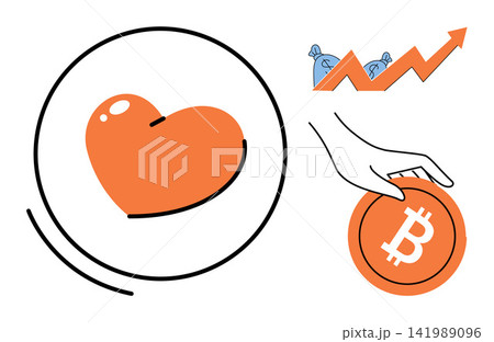 Heart icon and hand holding a bitcoin coin with a rising profit graph vector illustration. Finance, investment, digital currency, wealth, charity, growth. Love symbol and crypto money 141989096