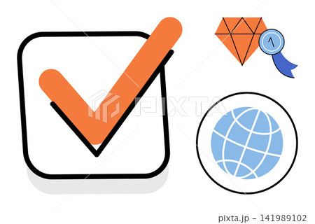 Checkmark diamond and globe icons vector illustration. Quality assurance, global business, success, verification, achievement, international logistics. Tick mark gem and world map symbols Checkmark diamond and globe icons vector illustration. Quality assurance, global business, success, verification, achievement, international logistics. Tick mark gem and world map symbols 141989102