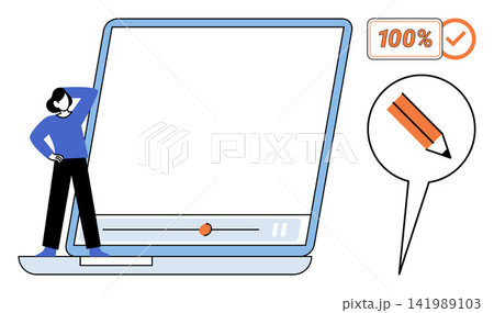 Person standing next to a large laptop screen with an editing pencil icon vector illustration. Content creation, digital marketing, video production, online education, graphic design, workflow. User Person standing next to a large laptop screen with an editing pencil icon vector illustration. Content creation, digital marketing, video production, online education, graphic design, workflow. User 141989103