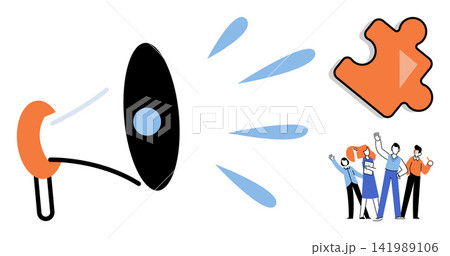 Megaphone announcing a puzzle piece to a group of people vector illustration. Communication, teamwork, problem solving, strategy, marketing, leadership. Loudspeaker broadcasting a jigsaw element 141989106