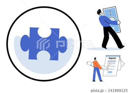 Puzzle piece icon and people interacting with money and registration forms vector illustration. Business, finance, growth, strategy, technology, development. Jigsaw element and characters 141989125