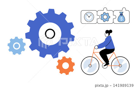 Person cycling with gears and puzzle icons vector illustration. Productivity, time management, business strategy, workflow optimization, financial growth, project planning. Cyclist riding bike Person cycling with gears and puzzle icons vector illustration. Productivity, time management, business strategy, workflow optimization, financial growth, project planning. Cyclist riding bike 141989139
