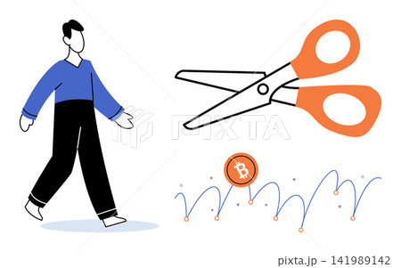 A person walking away from a falling bitcoin chart with scissors vector illustration. Financial loss, market crash, investment risk, crypto exit, economic crisis, trading strategy. Investor leaving 141989142