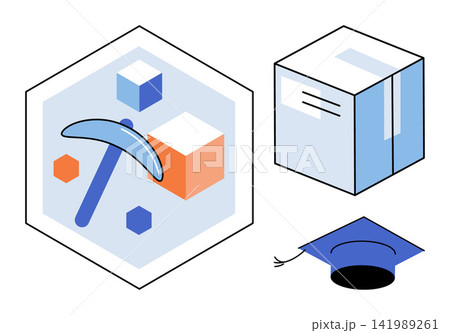 Mining pickaxe with cubes, cardboard box, and graduation cap vector illustration. Logistics, education, industry, development, research, supply chain. Tools for excavation, package mortarboard Mining pickaxe with cubes, cardboard box, and graduation cap vector illustration. Logistics, education, industry, development, research, supply chain. Tools for excavation, package mortarboard 141989261