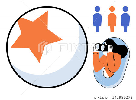 Person using binoculars looking at star icon and people icons vector illustration. Recruitment, talent search, human resources, career growth, business strategy, hiring process. Individual observing Person using binoculars looking at star icon and people icons vector illustration. Recruitment, talent search, human resources, career growth, business strategy, hiring process. Individual observing 141989272