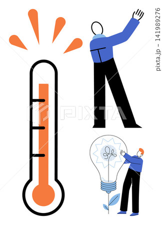 Thermometer and people with lightbulb vector illustration. Climate change, global warming, innovation, problem solving, business strategy, creative thinking. Heat gauge and brainstorming characters 141989276